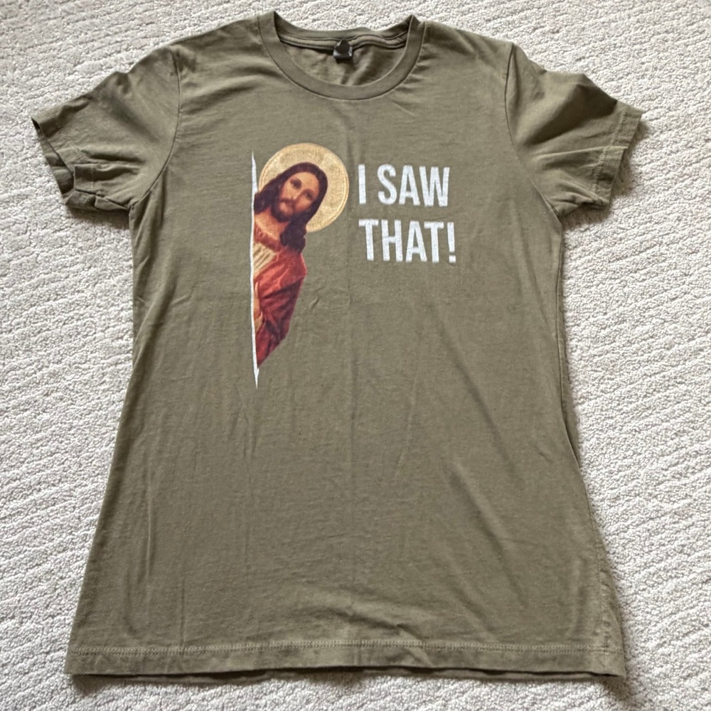 Next Level Apparel I Saw That Jesus Meme Graphic Tee Olive Green Medium